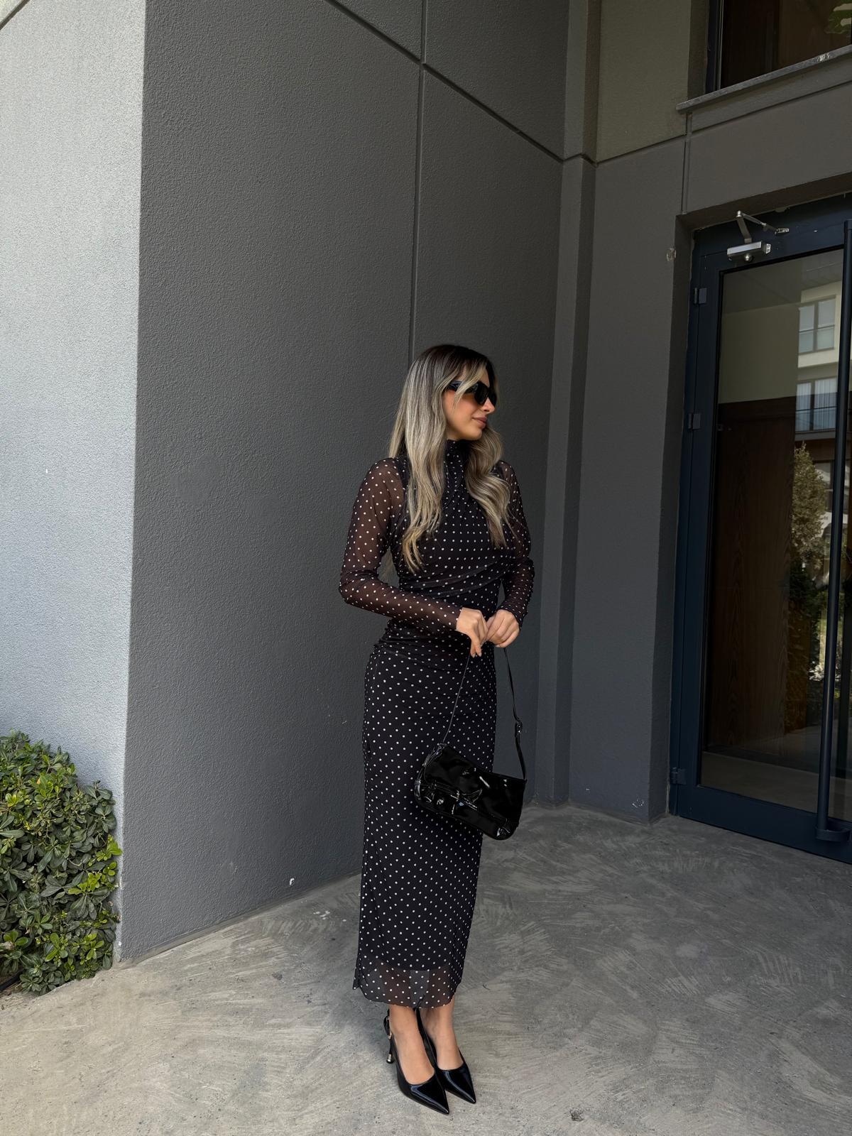 Çapraz Pileli Astarlı Puantiyeli Elbise kelb2208grs