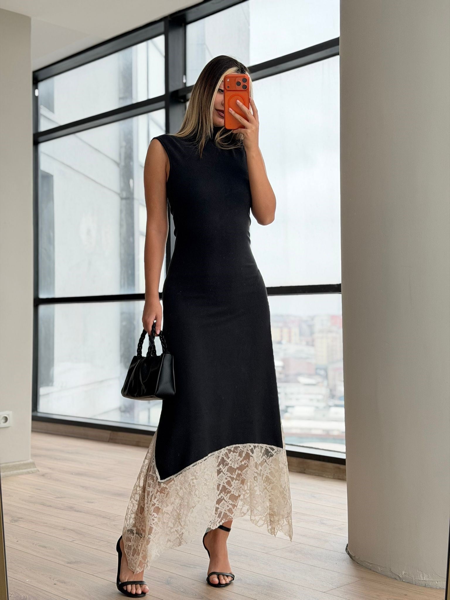 Noir Couture Dantel Asimetrik Midi Elbise