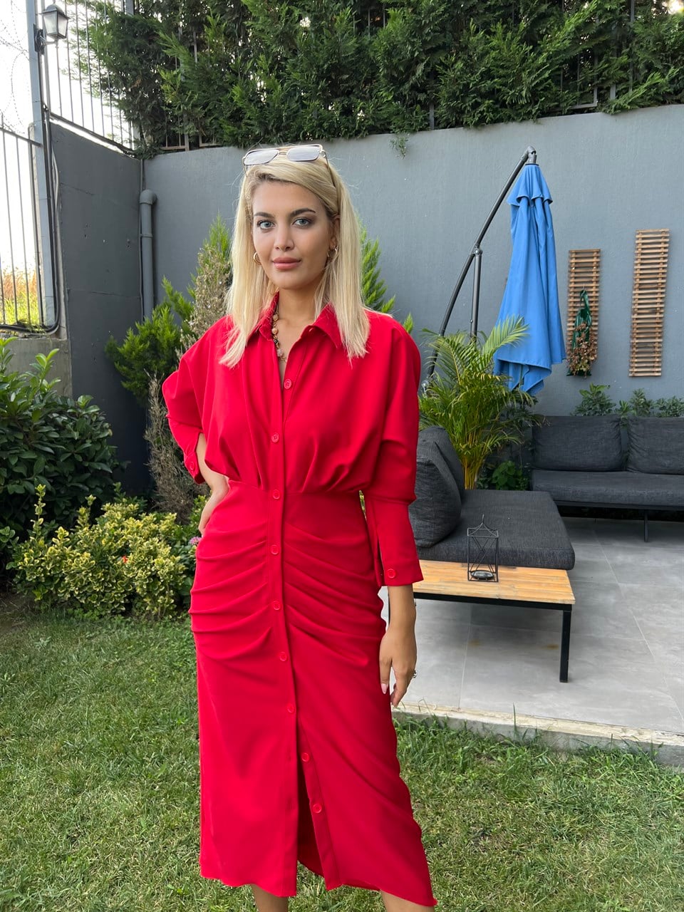 Celina Kırmızı Bel Büzgü Gömlek Elbise