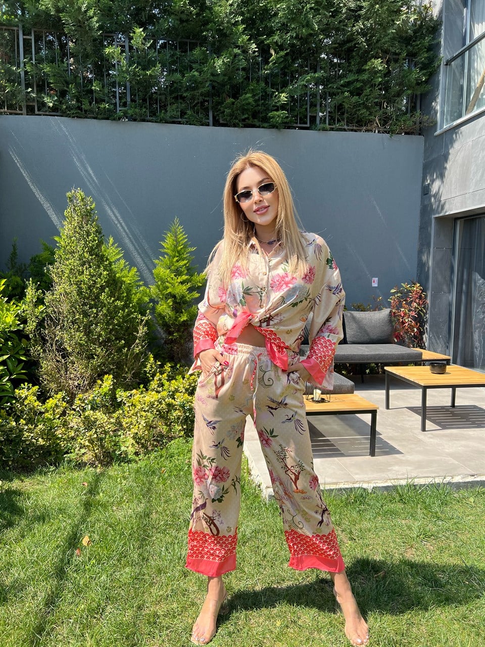 Çiçekli Saten Takım