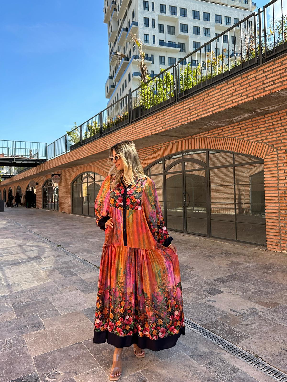 Çiçekli Turunculu Oversize Salaş Elbise 07062153