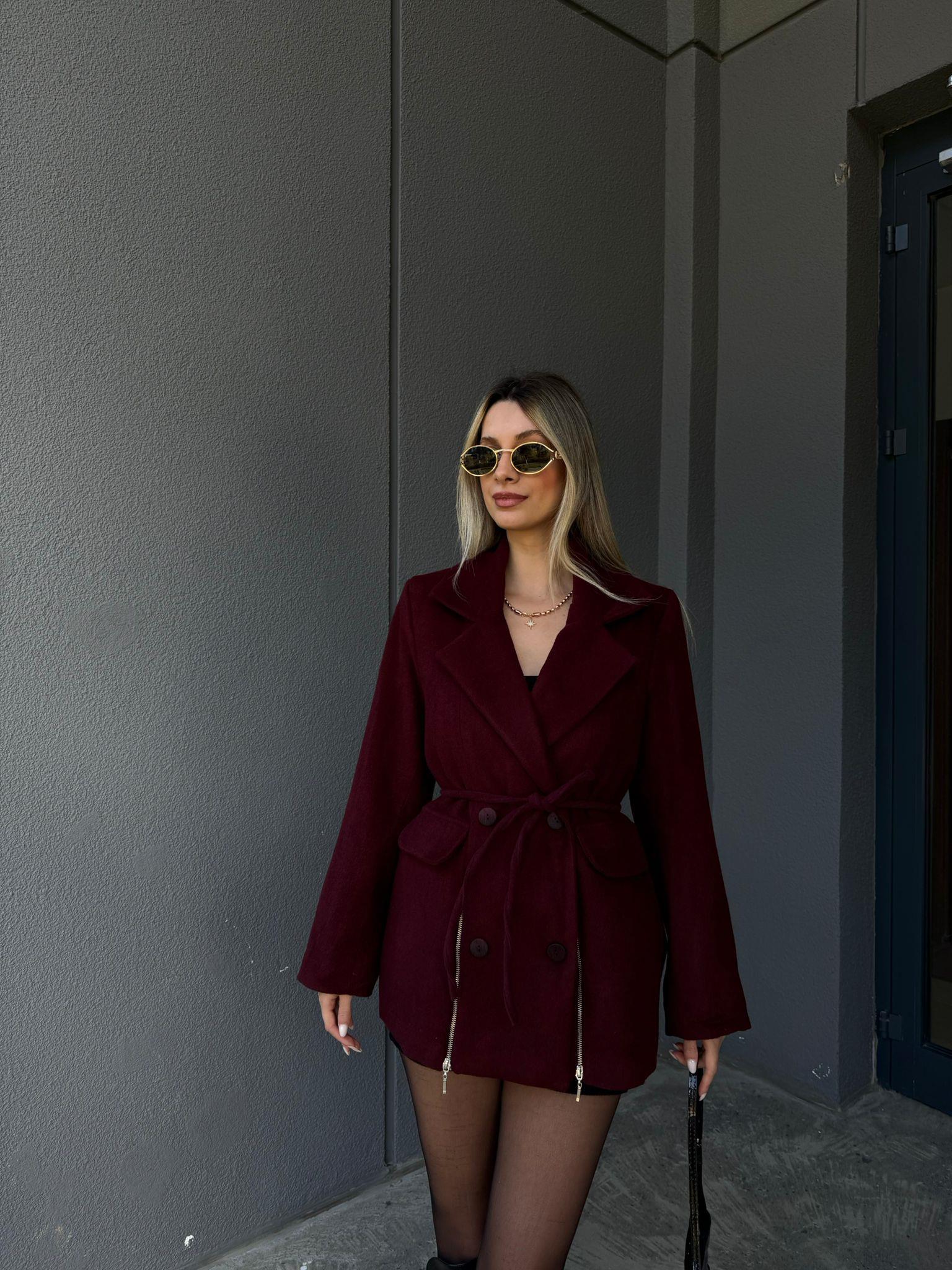Çift Fermuarlı Bordo Kaşe Ceket kckt2127shz