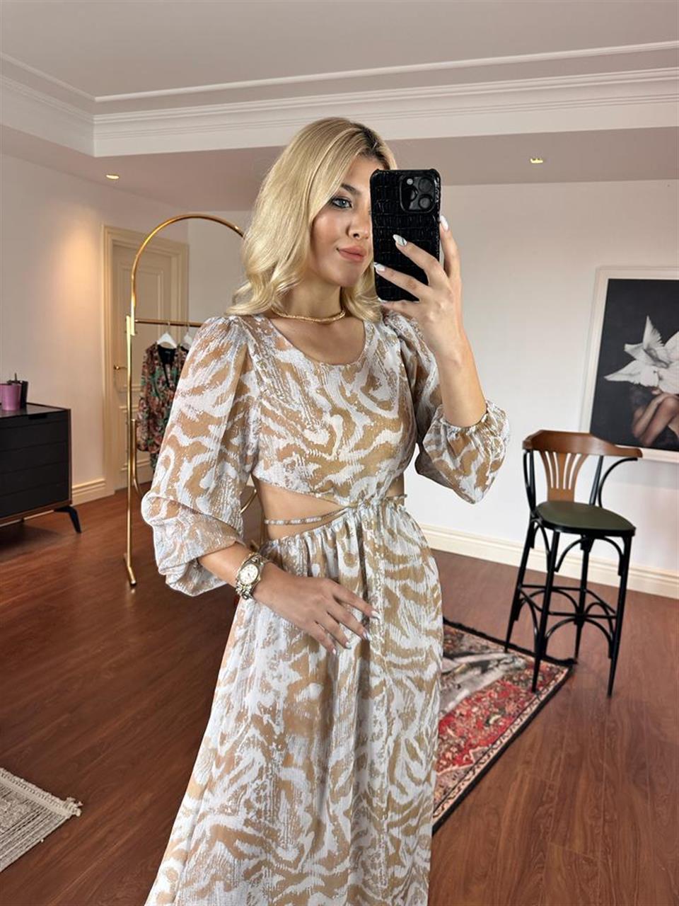 Çöl Desen Sırt Dekolteli İthal Elbise 0206256