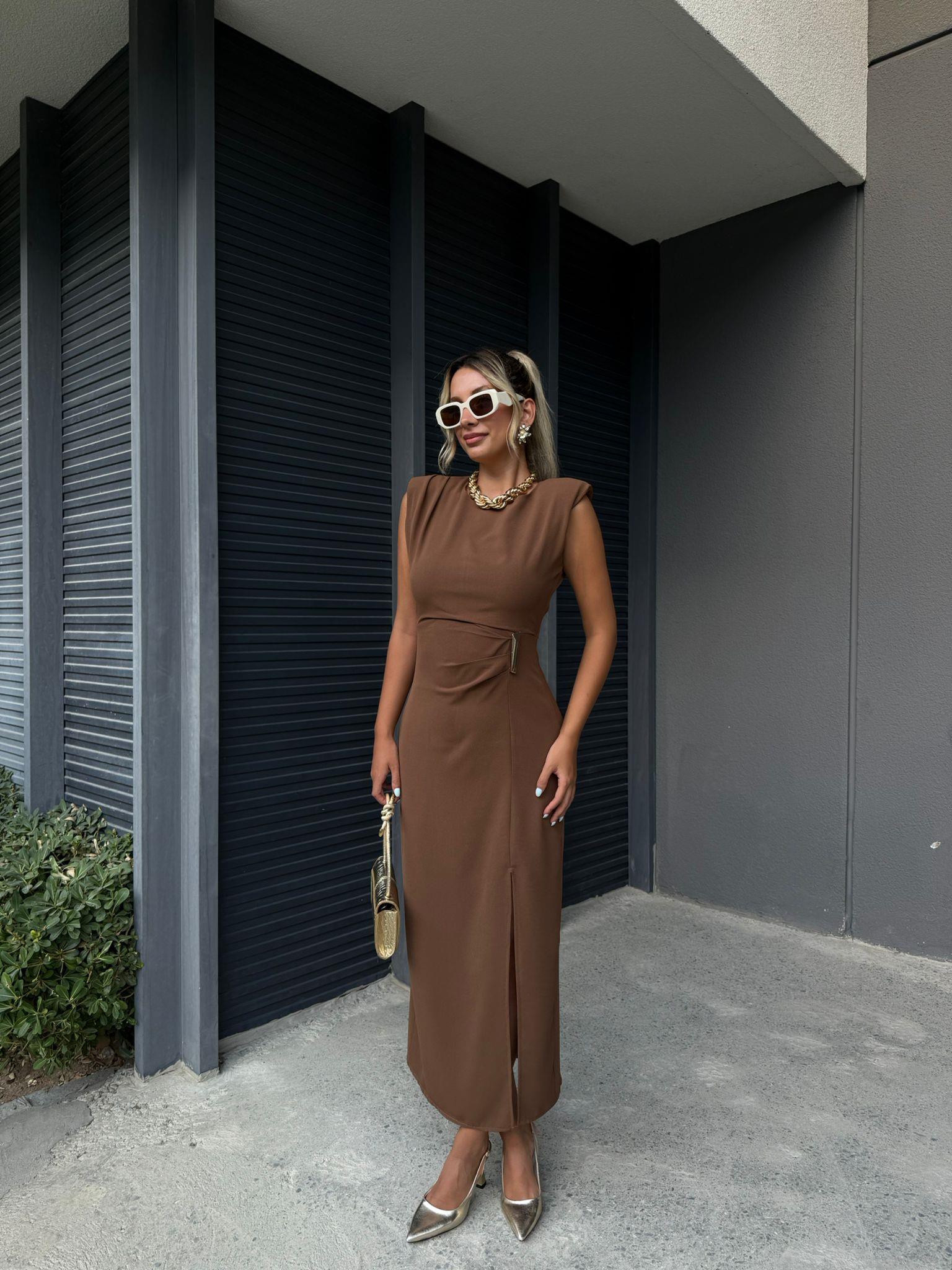 Lori Gold Aksesuarlı Crep Elbise Kahverengi