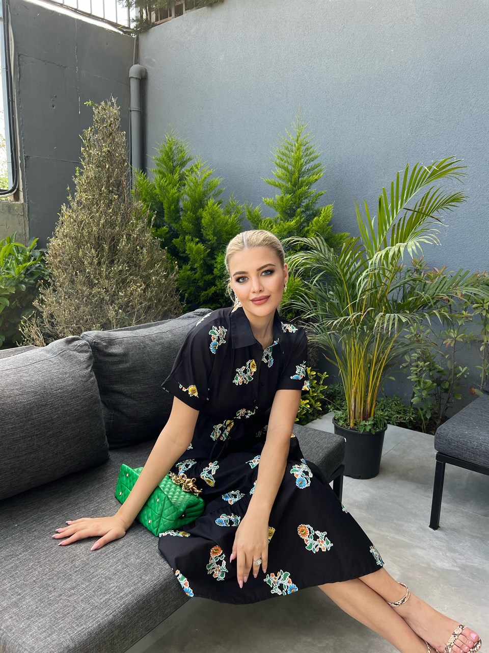 Desenli Siyah Poplin Elbise