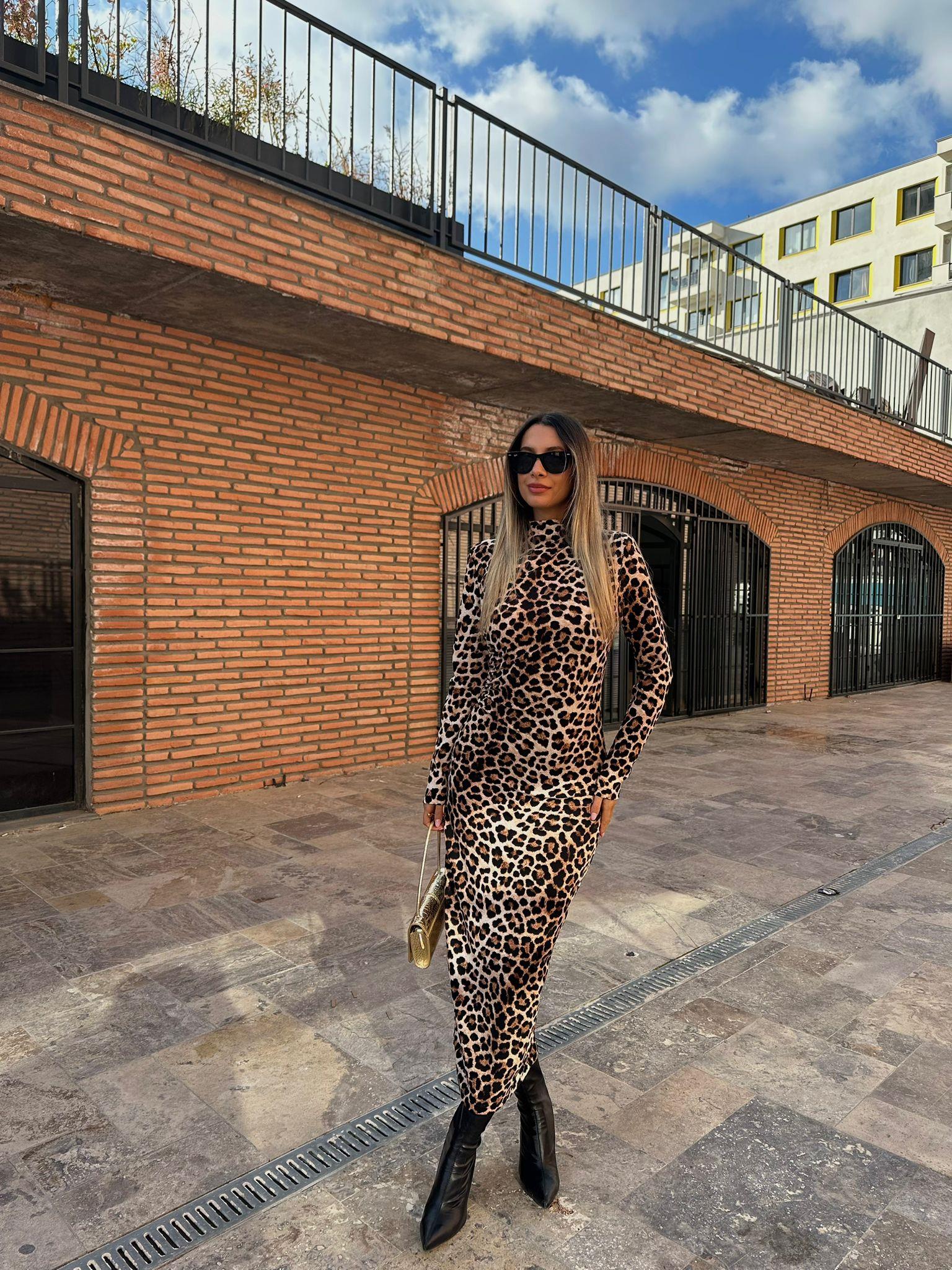 Dik Yaka Leopar Desen Crep Elbise kelb2030ny