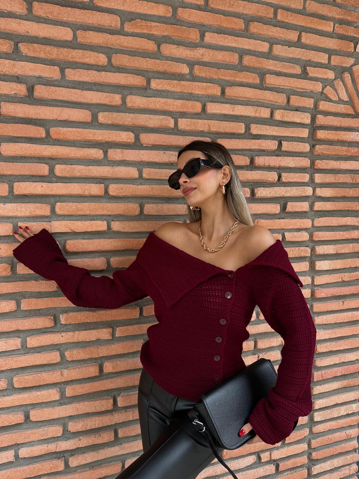 Dökük Yaka Triko Bluz Bordo kzk1028rvd