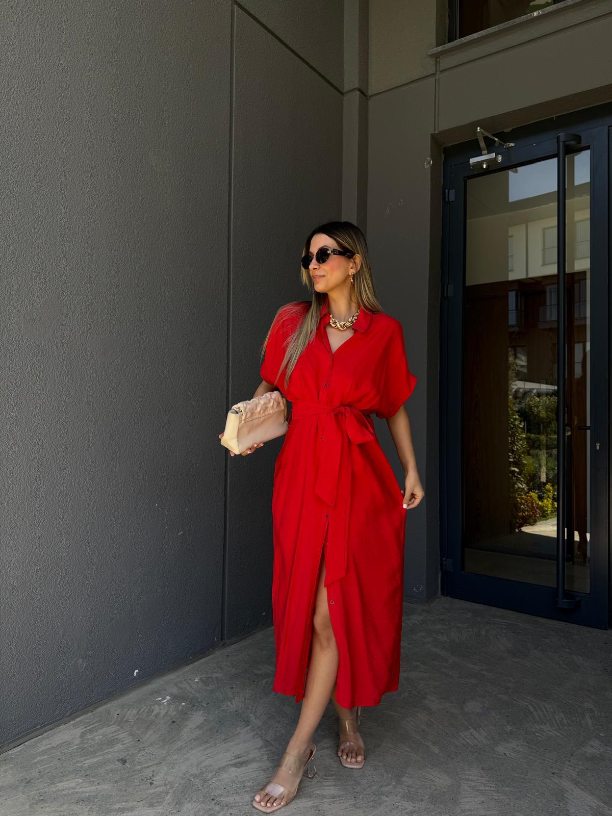 Double Kol Keten Kuşaklı Elbise Kırmızıyelb3010inblu