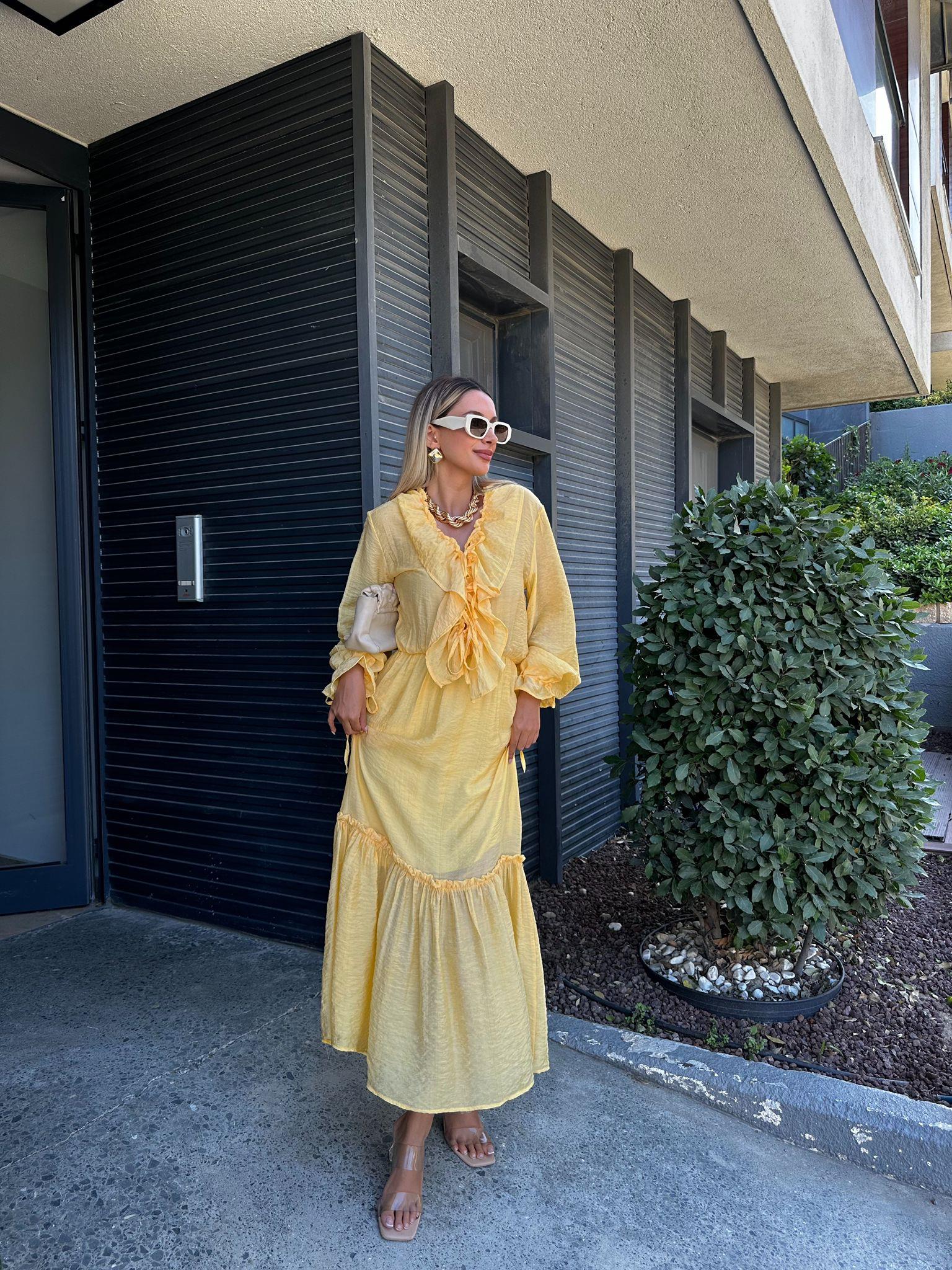 Yakası Fırfırlı Astarlı Sarı Elbise