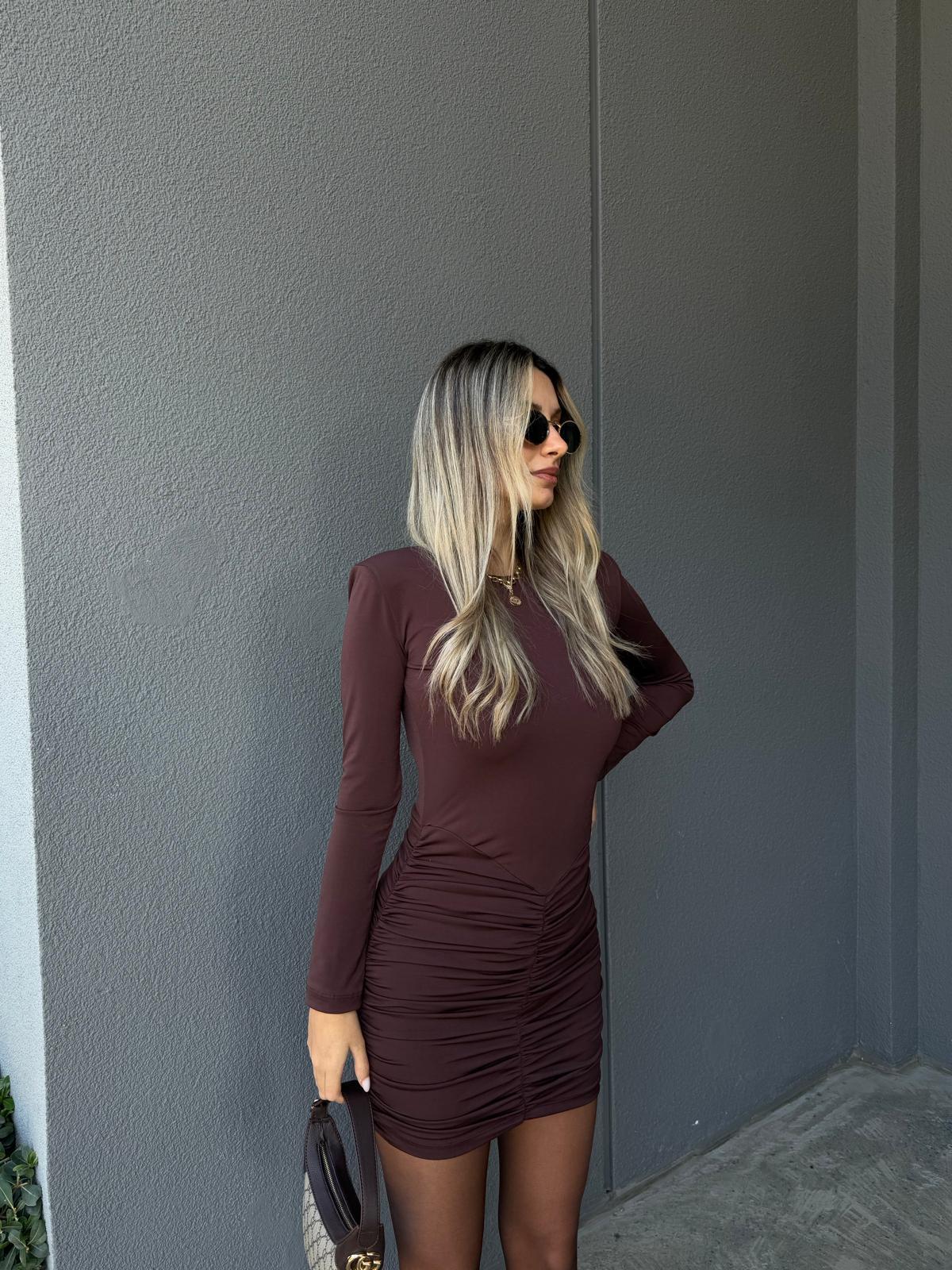 Eteği Drapeli Vatka Detay Kahverengi Mini Elbise kelb2144swmn