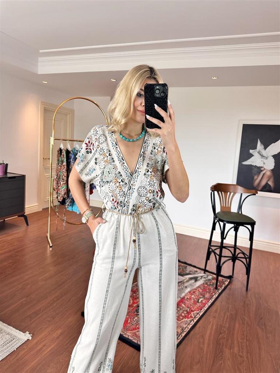 Etiyopya Halat İp Kemerli Keten Tulum 2805247