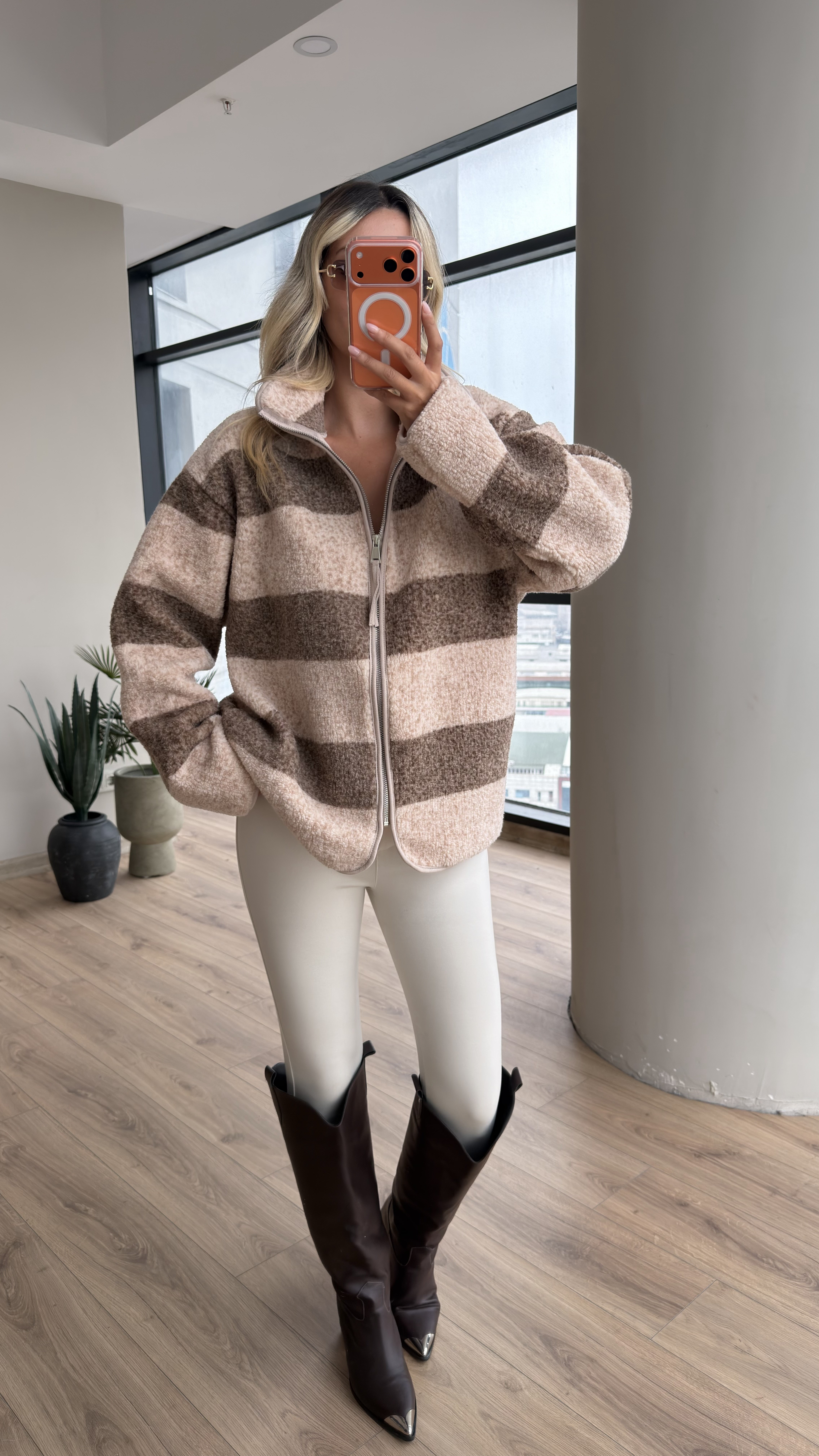 Peluş Teddy Çizgili Desenli Hırka