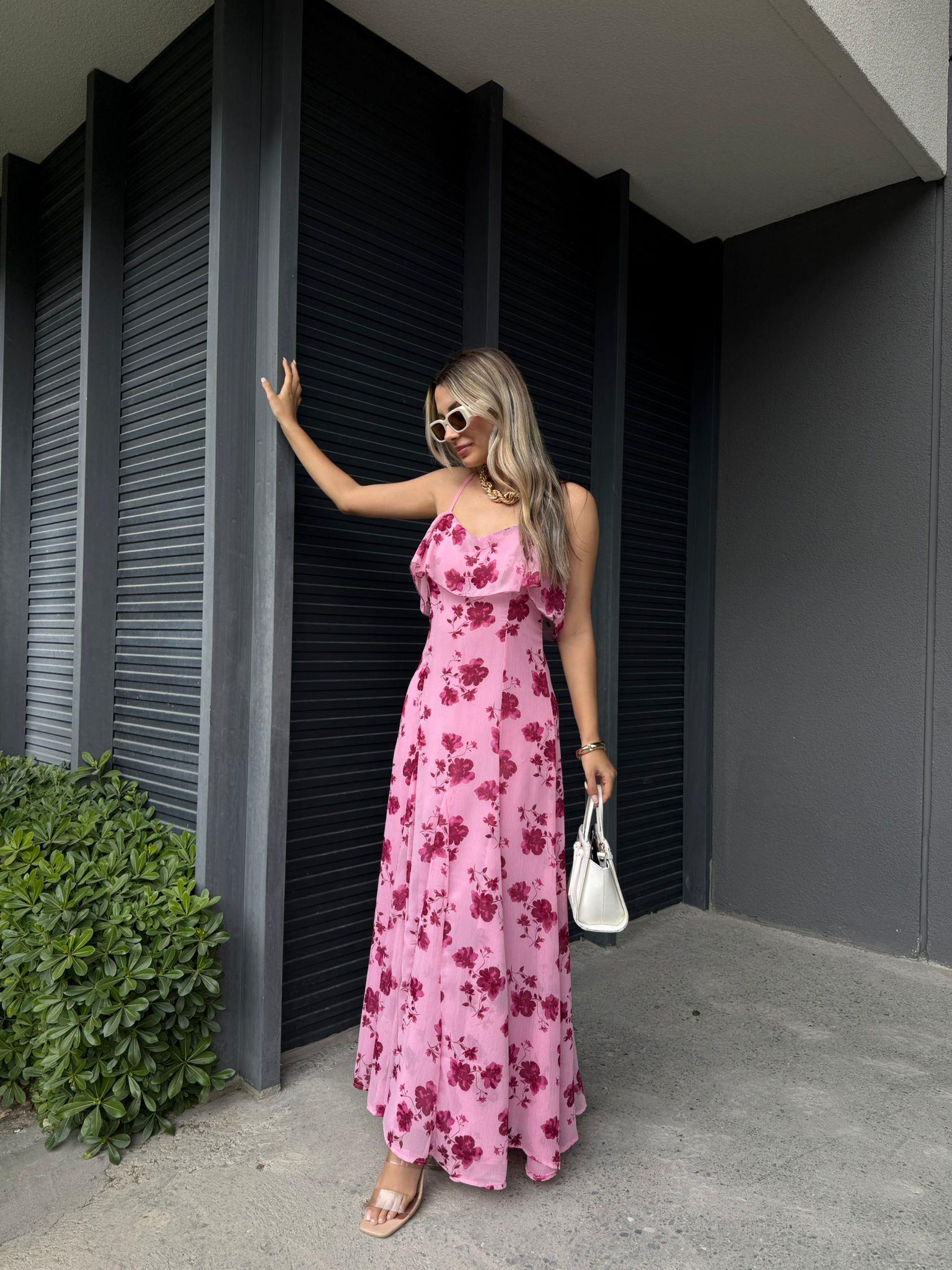 Zr Model Göğüs Volanlı İp Askılı Pembe Şifon Elbise