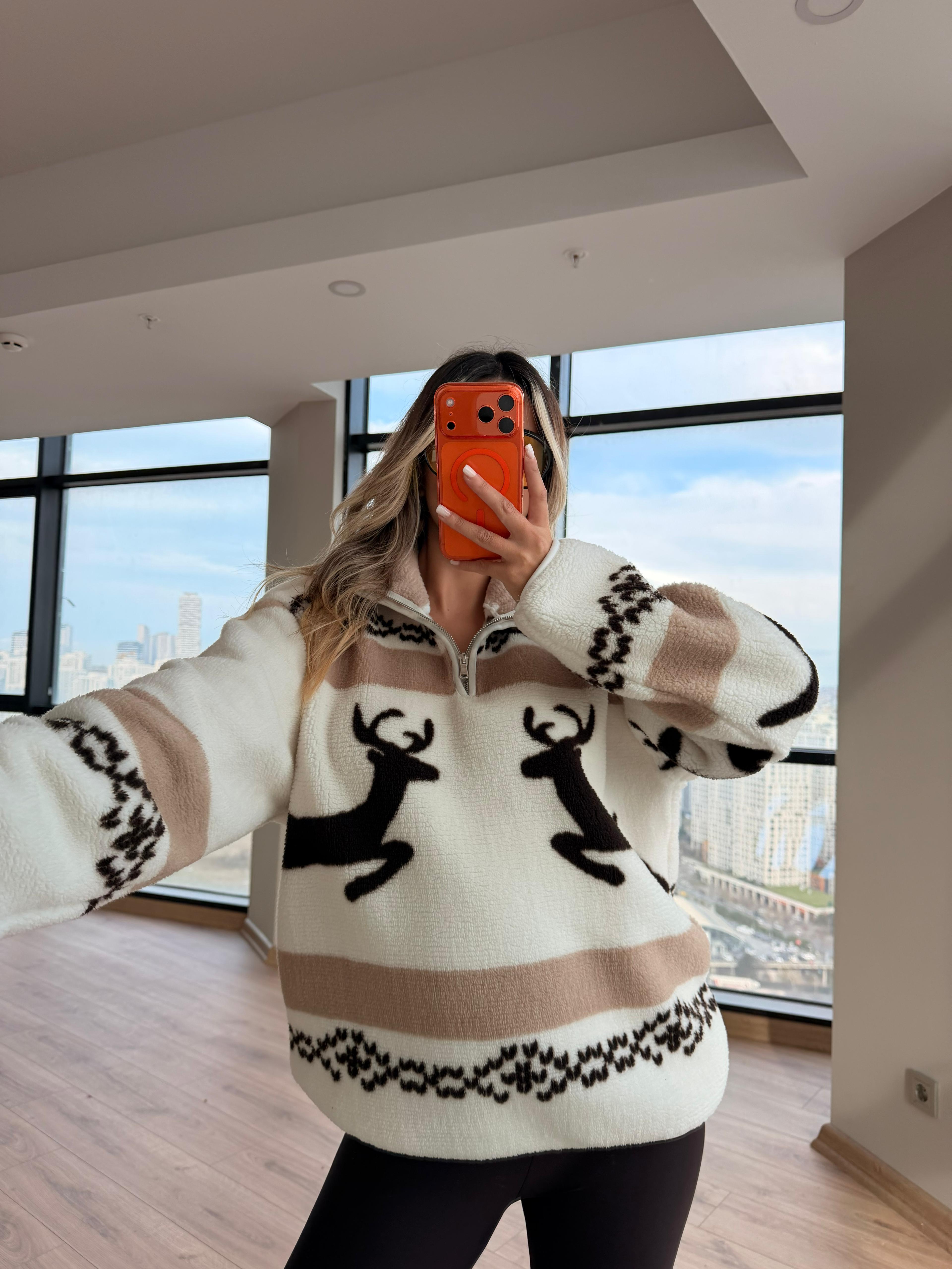 Peluş Teddy Ren Geyiği Desenli Kazak