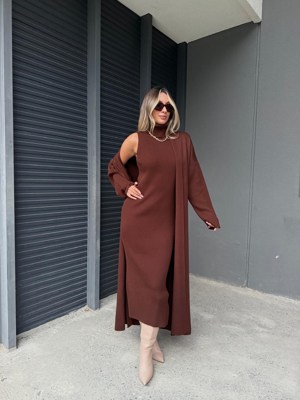 Dora Triko Elbise Hırka Takım Kahve