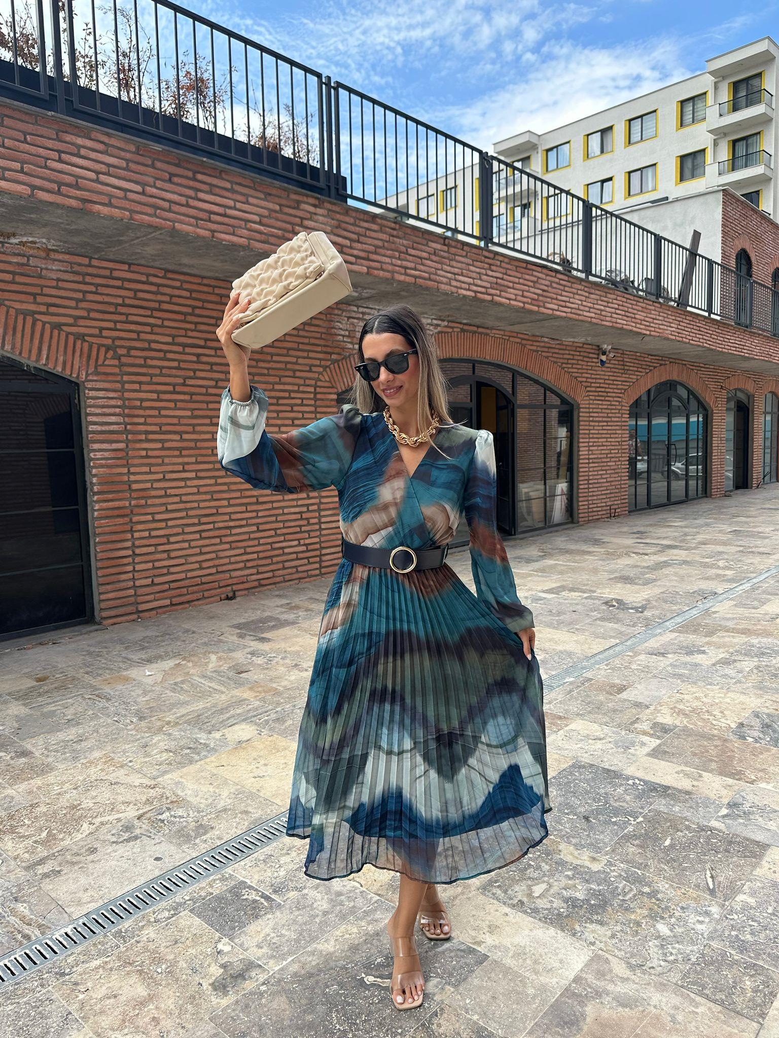 Farbiza Batik Desen Kemerli Şifon Elbise kelb1004grs