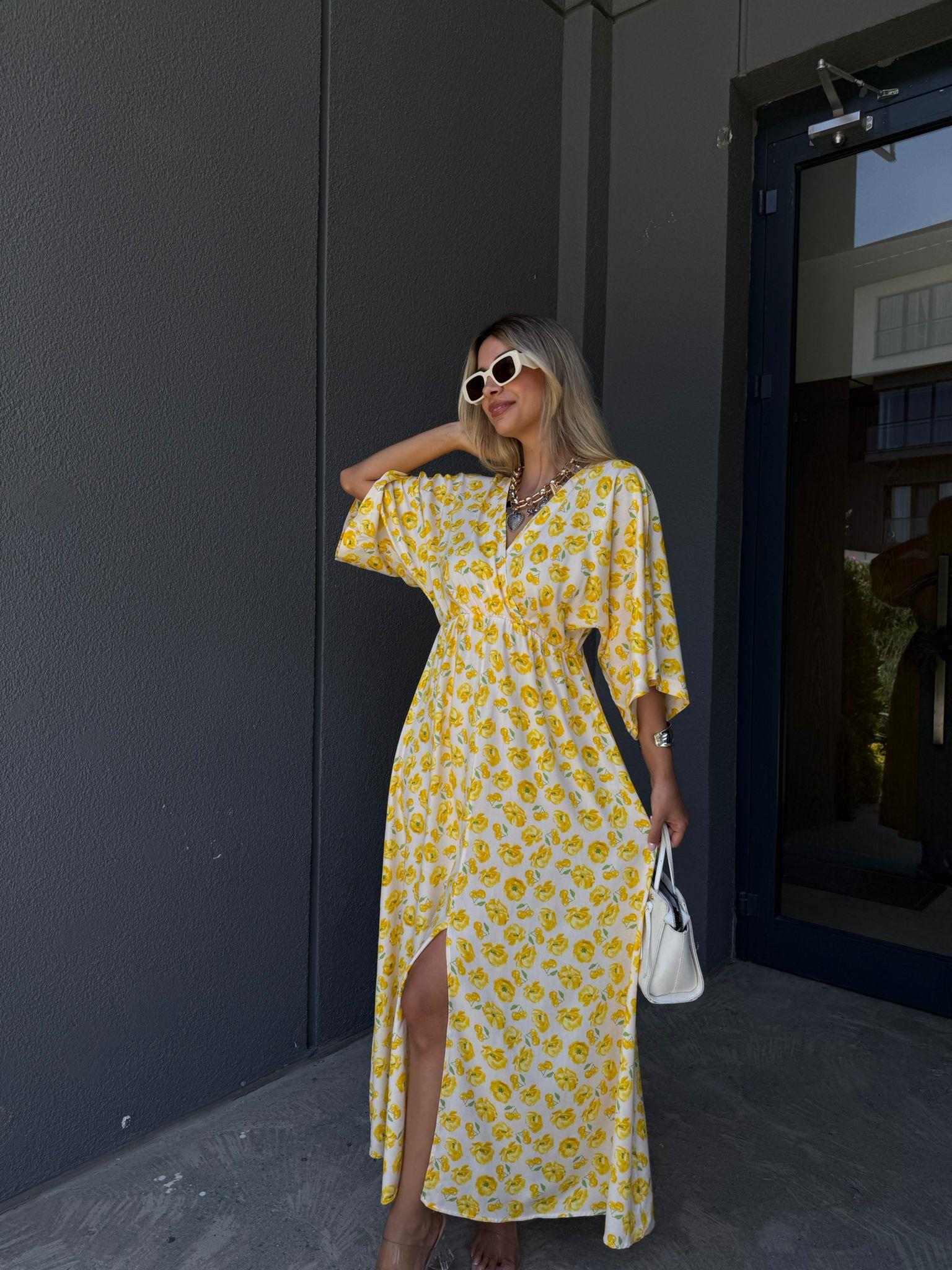 Zenya Kiraz Çiçeği Sarı Viskon Elbise