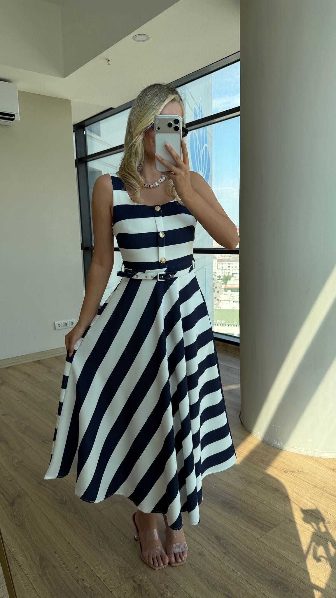 Marina Lacivert Çizgili Askılı Midi Elbise 