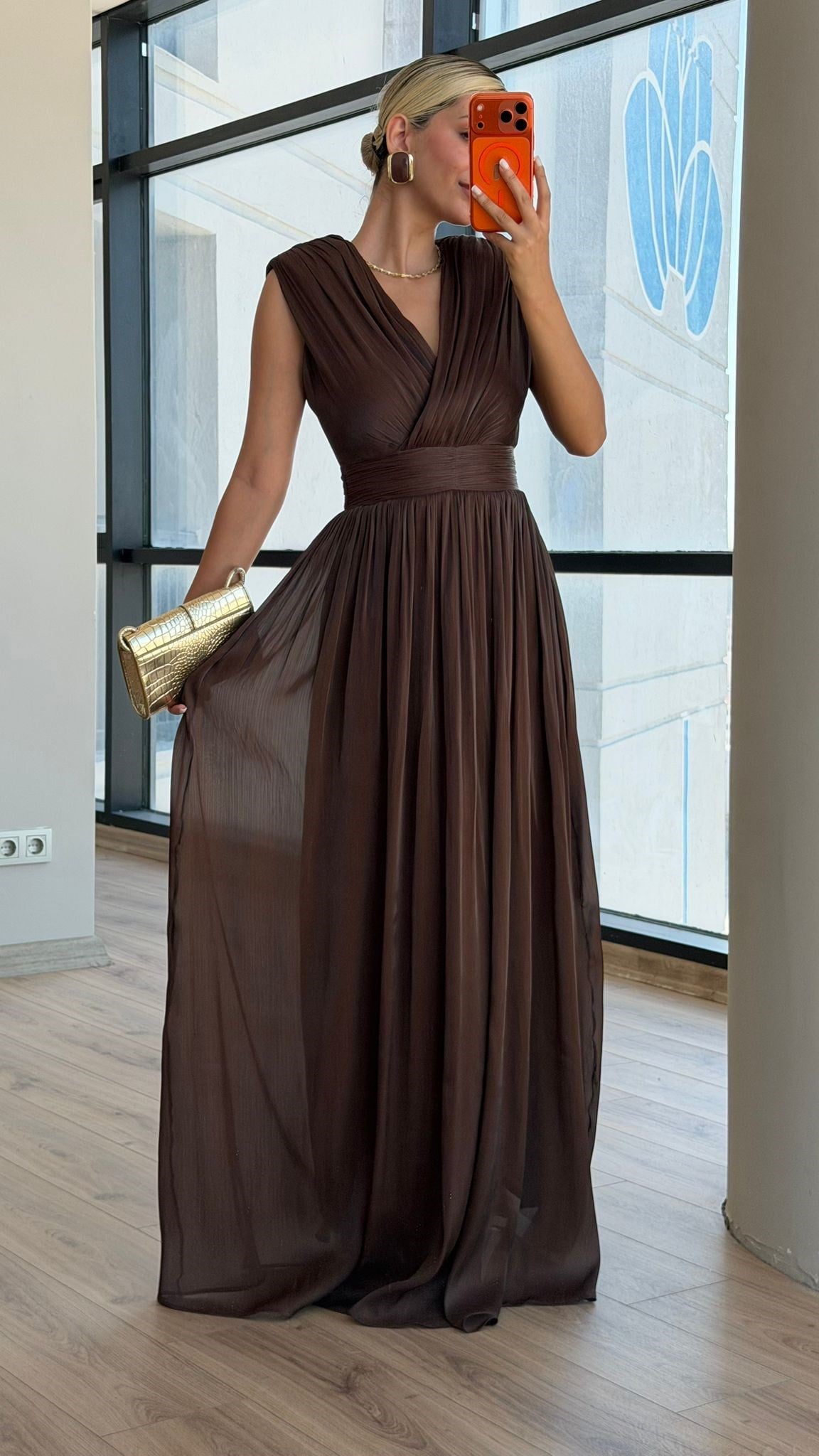 Pretty İthal Kumaş Abiye Elbise Kahve