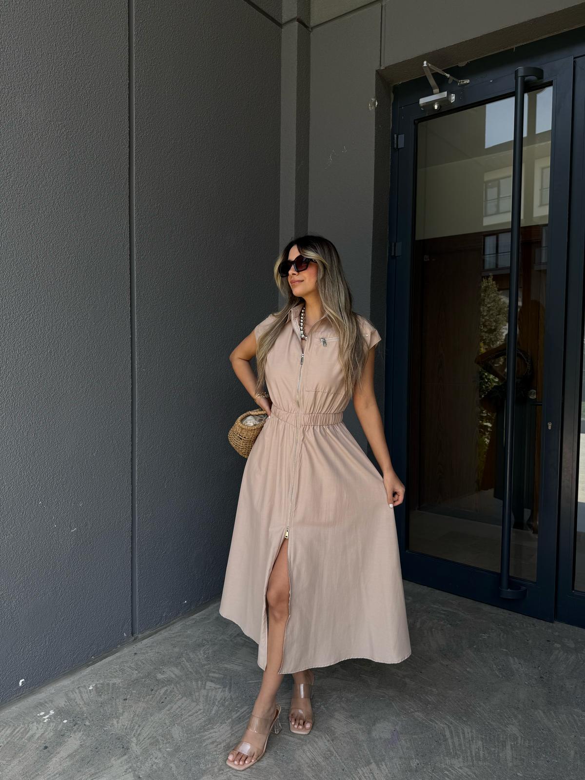 Fermuarlı Bel Lastikli Paraşüt Elbise Kremyelb3025kd