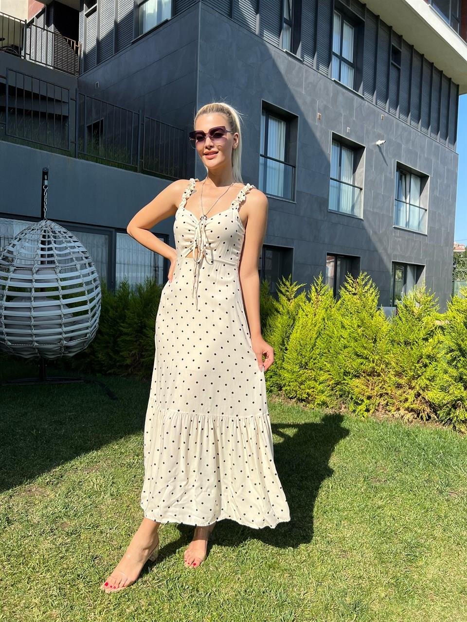 Fırfır Askılı Puantiyeli Krem Viskon Elbise