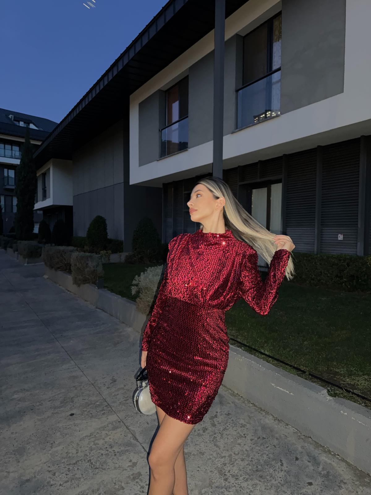 Full Payetli Bordo Mini Elbise kelb2069grs