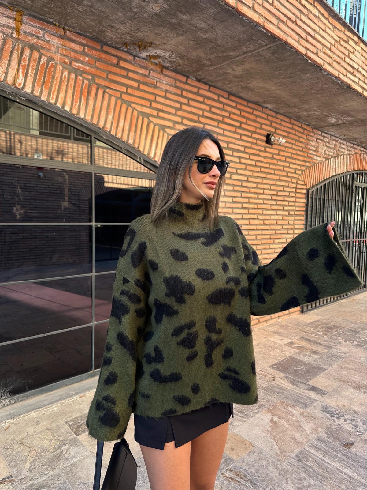 Geniş Kol Tasarım Boğazlı Leopar Kazak Yeşil kzk2003ywe