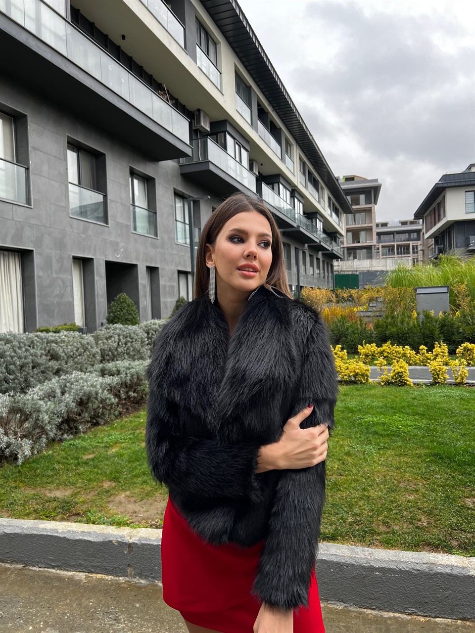 Geniş Yaka Vip Kalite Siyah Mini Kürk 1964