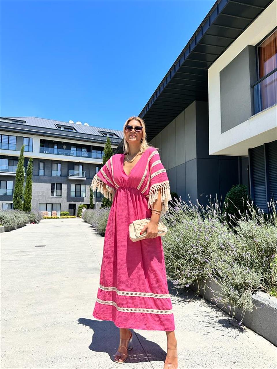 Gloria Dantel Detay Keten Elbise Pembe 1707305