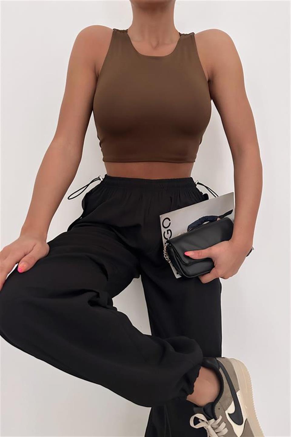 Halter Yaka Basic Crop Bluz Kahve 230262