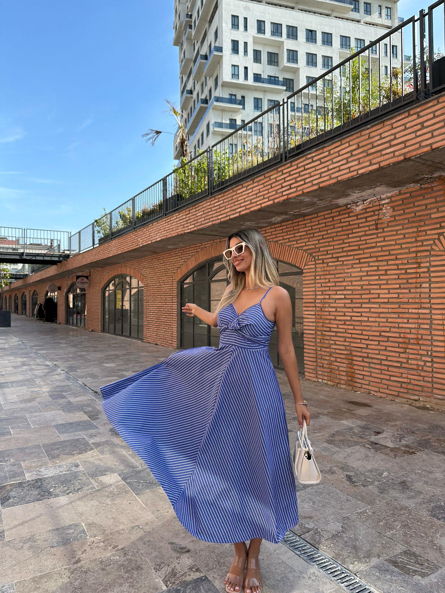 İp Askı Göğüs Fiyonklu Çizgili Poplin Elbise  07062169