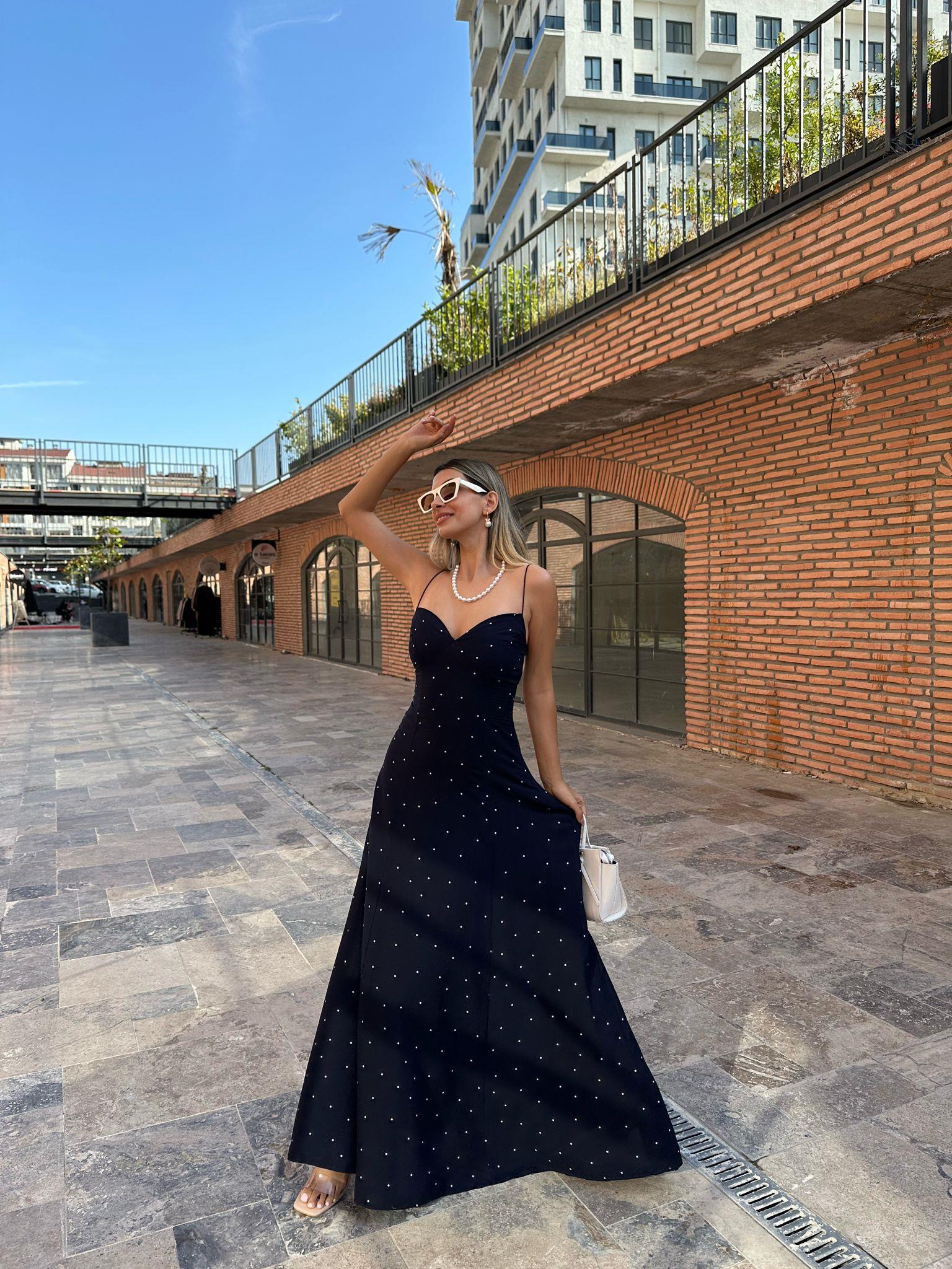 İp Askılı Puantiyeli Koton Lacivert Elbise 07062170