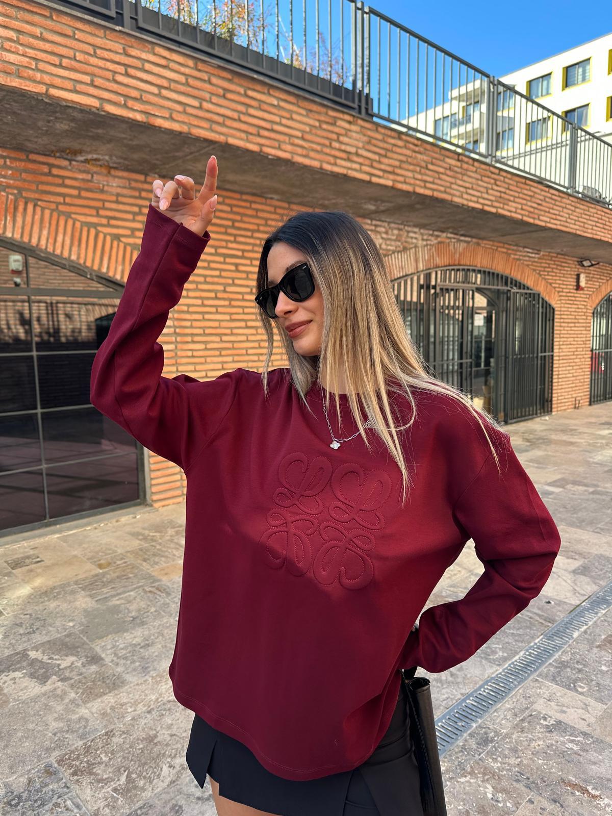 Kabartma Baskı Uzun Kol Sweat Bordo swt2023styq