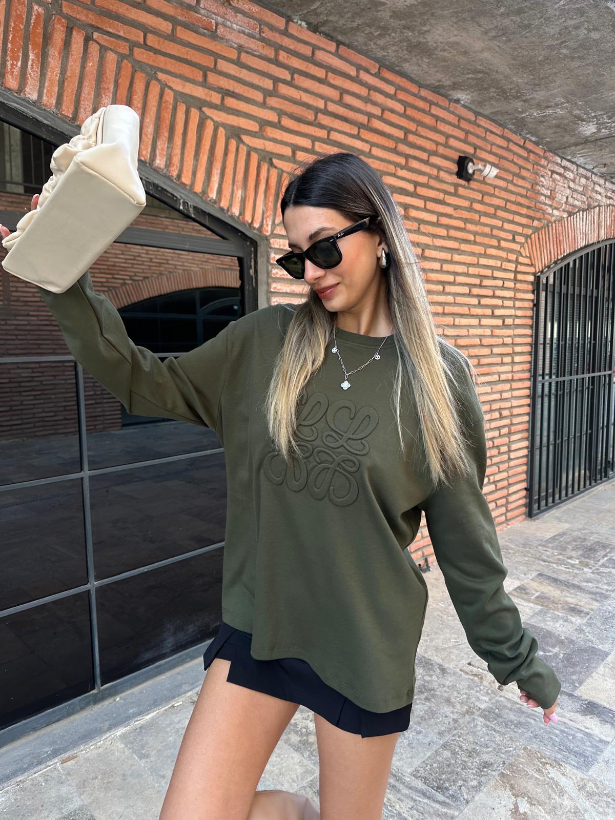 Kabartma Baskı Uzun Kol Sweat Yeşil swt2023styq