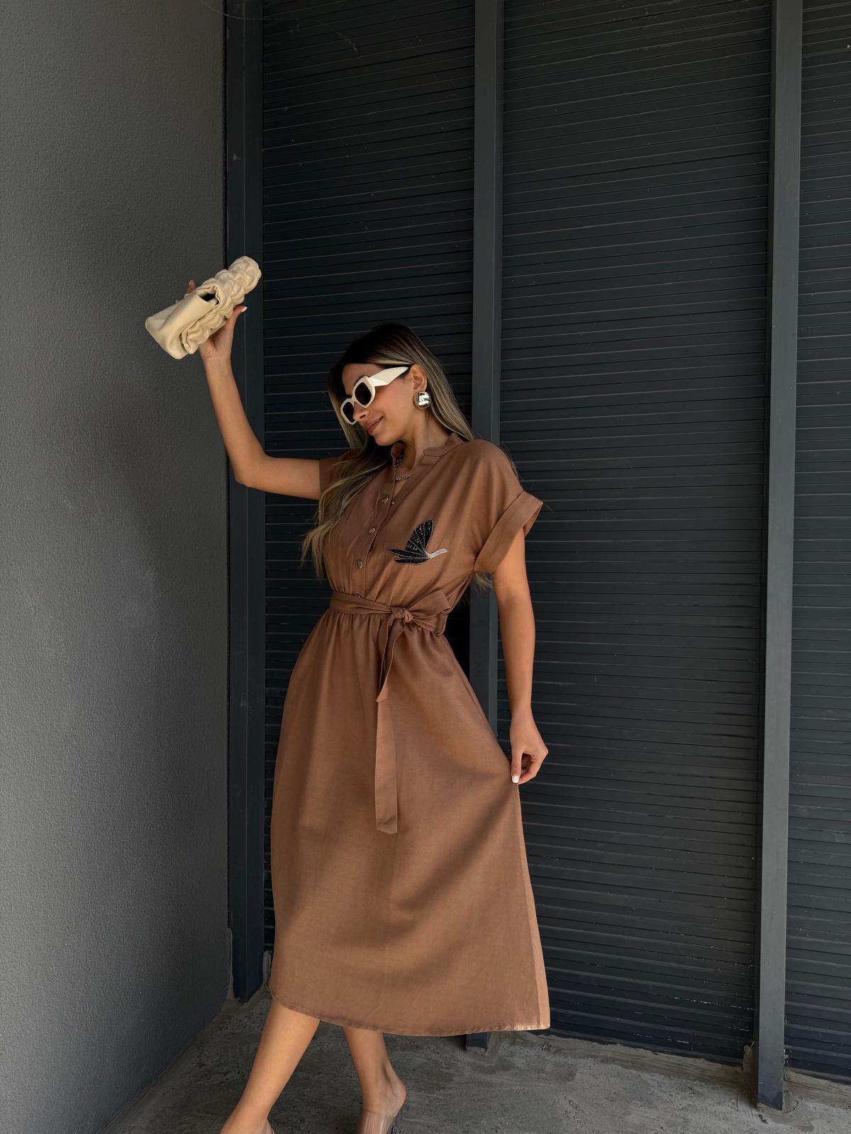 Kahverengi Beli Lastikli Kuş Nakışlı Elbiseyelb1021egz