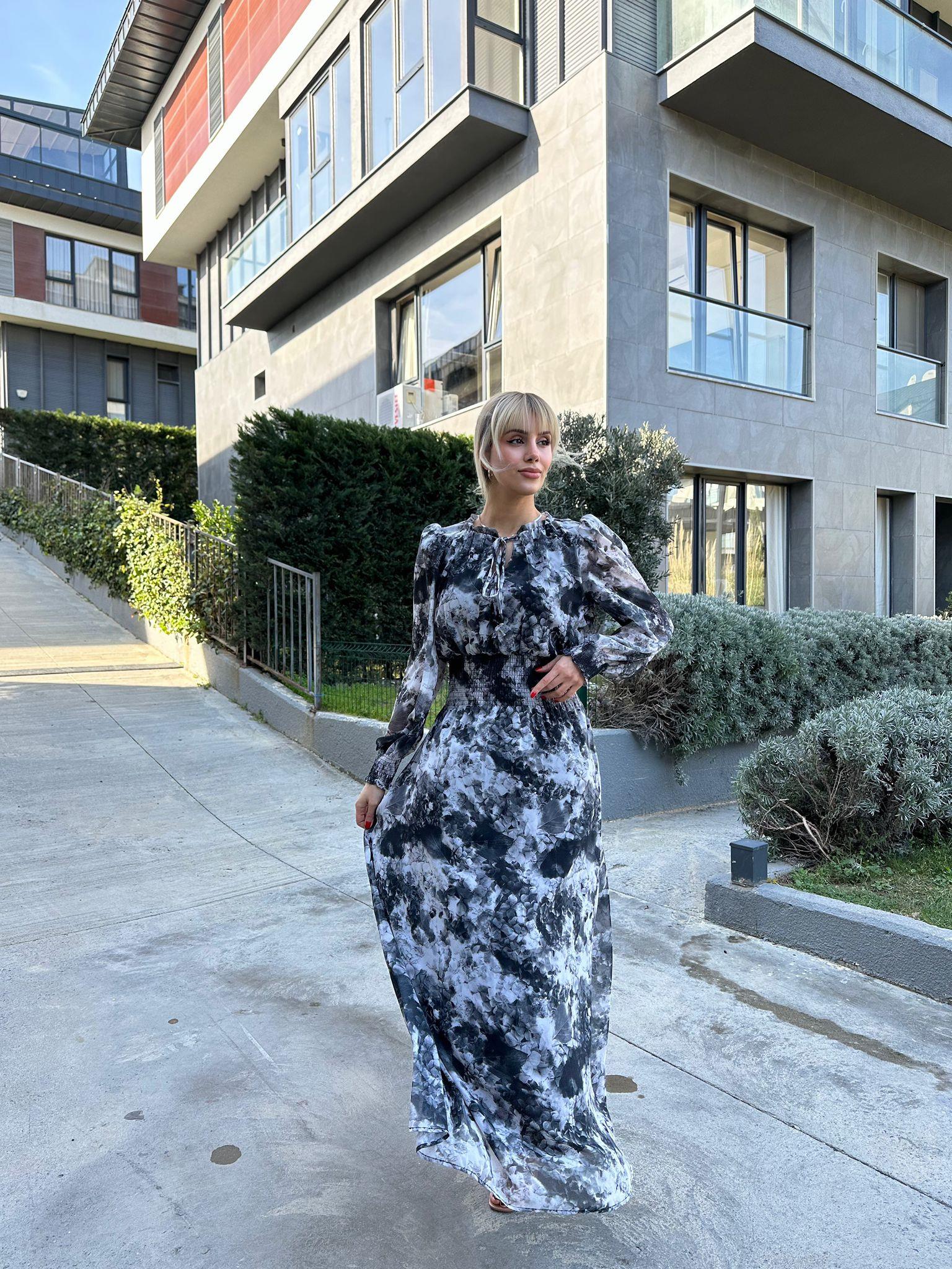 Kanny Bel Lastikli Astarlı Şİfon Elbise Siyah 17074523
