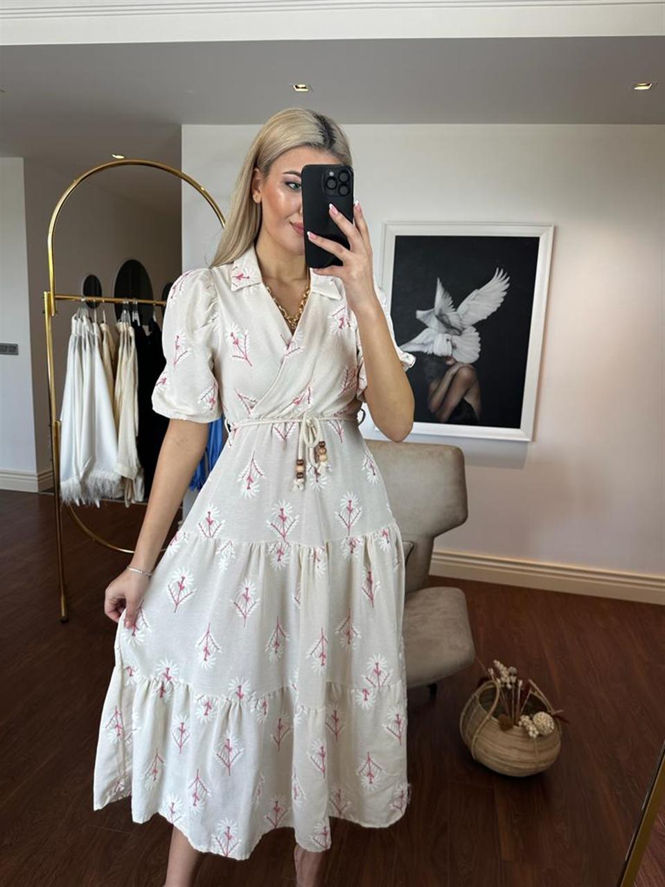 Katya Flok Çiçekli Kruvaze Keten Elbise Pembe  0305166