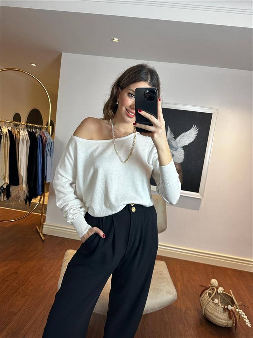 Kayık Yaka Baharlık Elit İnce Triko Beyaz 230252