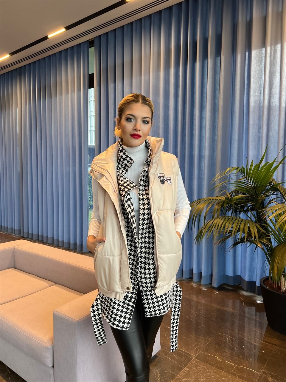 Kazayağı Desen Ceket Yaka Şişme Yelek