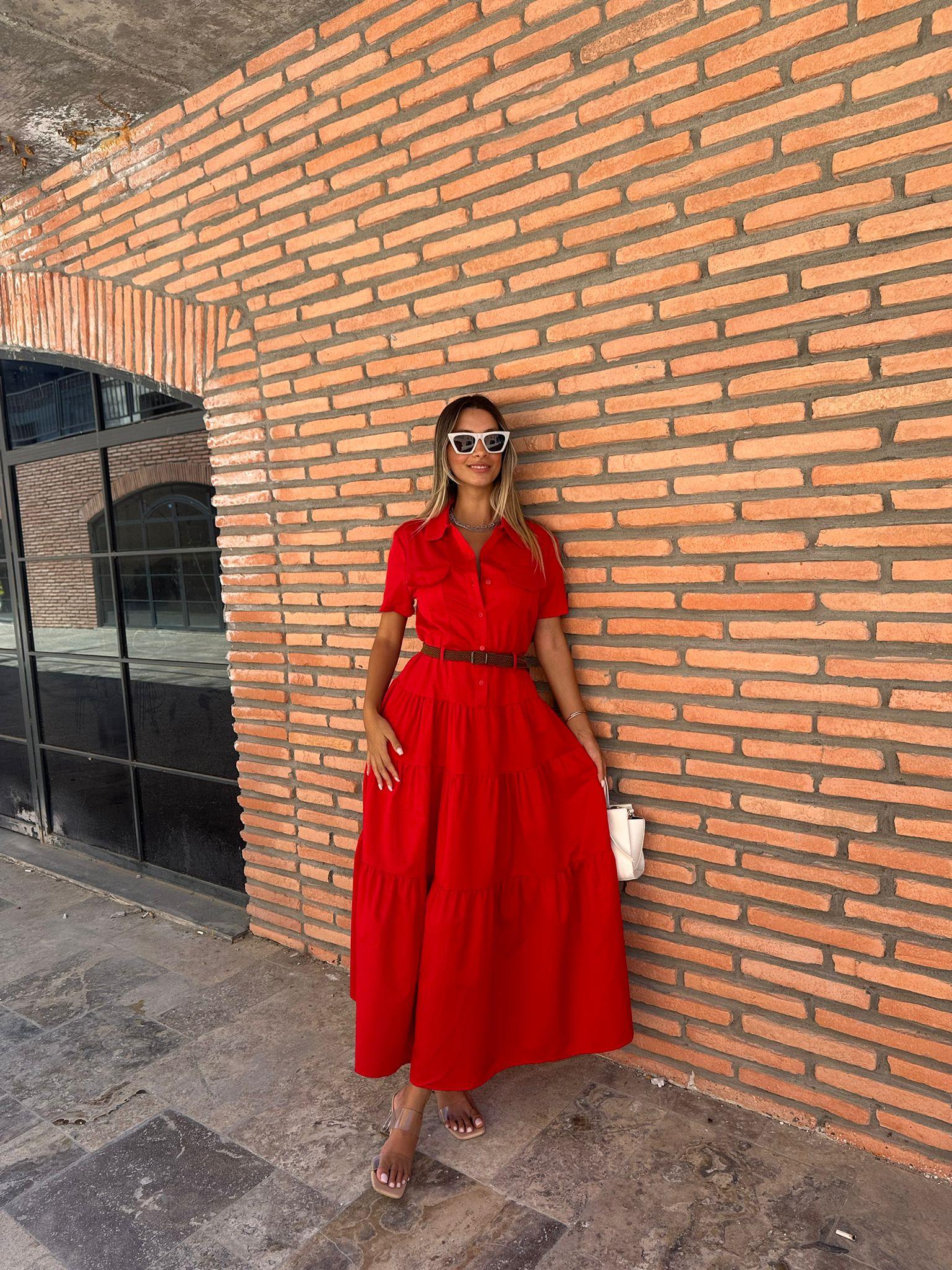 Kemerli Sara Kırmızı Elbise 070621188