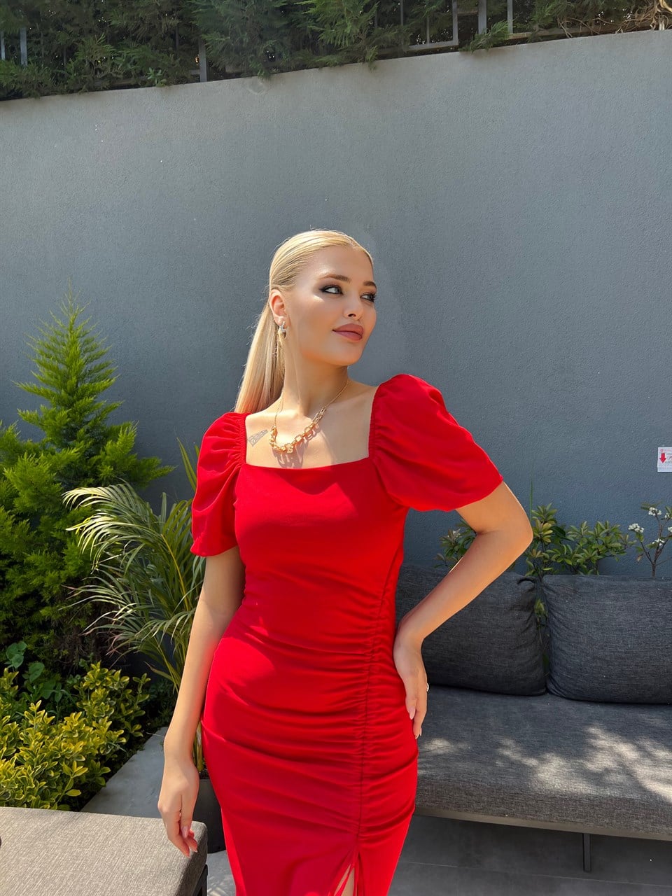 Kırmızı İp Büzgülü Crep Elbise