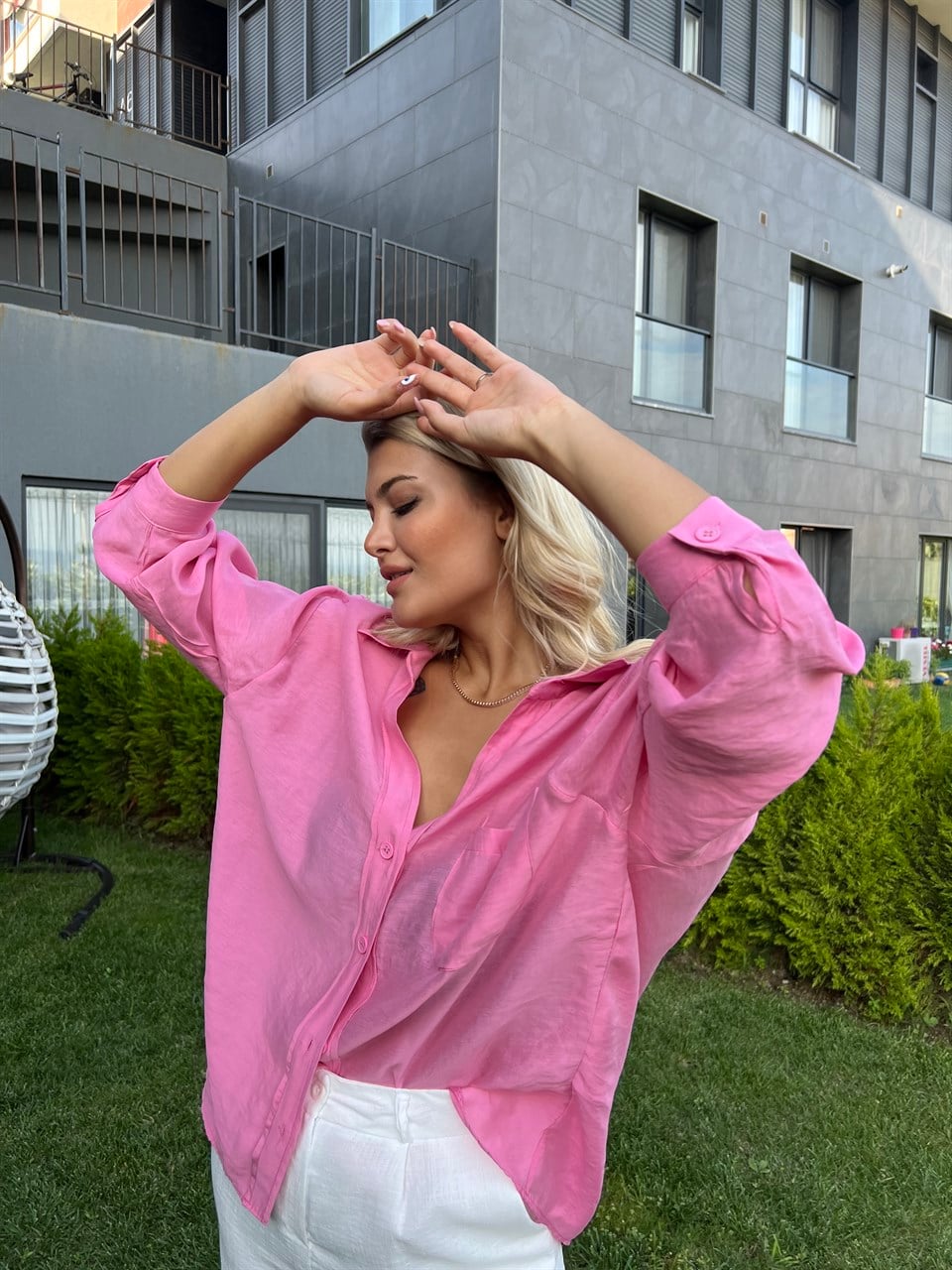 Kitsy Pembe Oversize Keten Gömlek