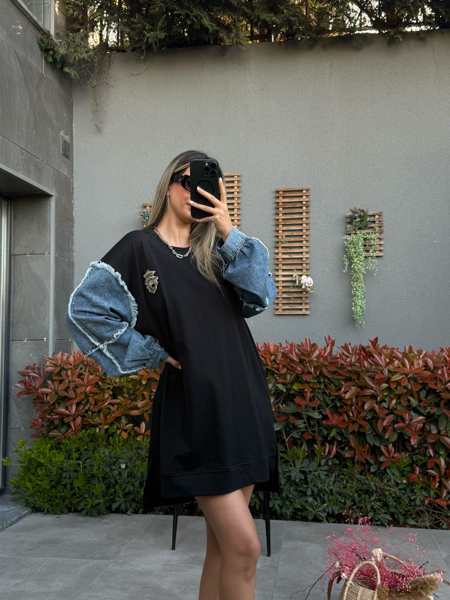 Kolları Kot Detay Taş İşlemeli Tasarım Salaş Elbiseyelb2208rvd