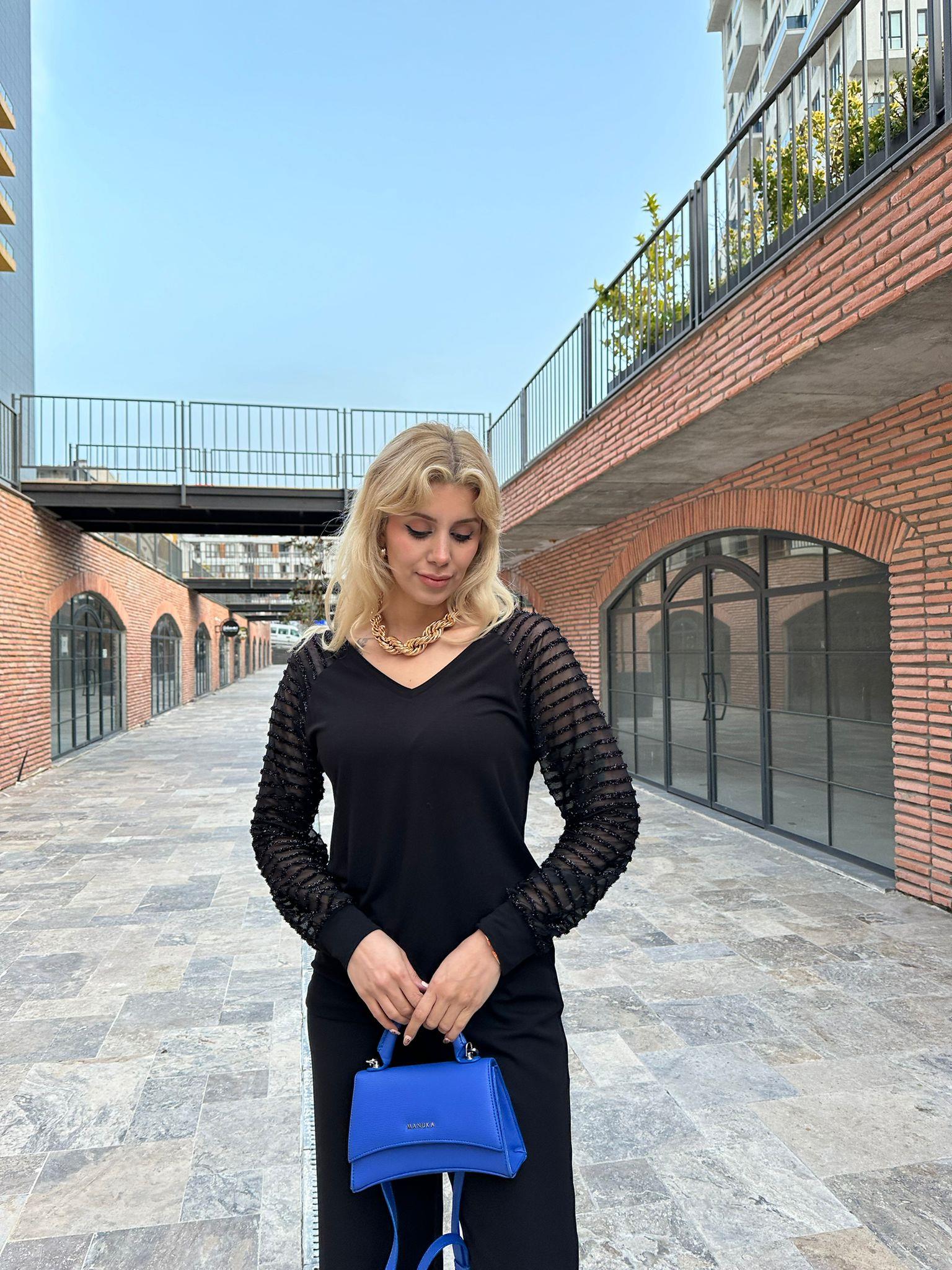 Kolları Simli Lavi Bluz Siyah 17502