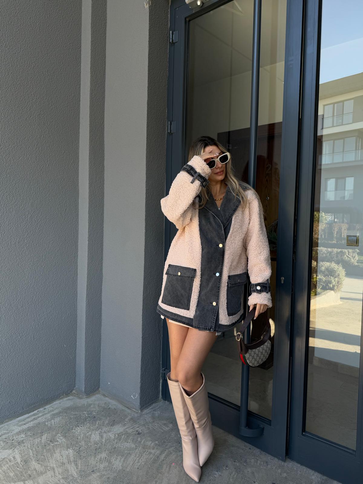 Kot Bantlı Ceket Yaka Krem Teddy Mont mnt2148shz