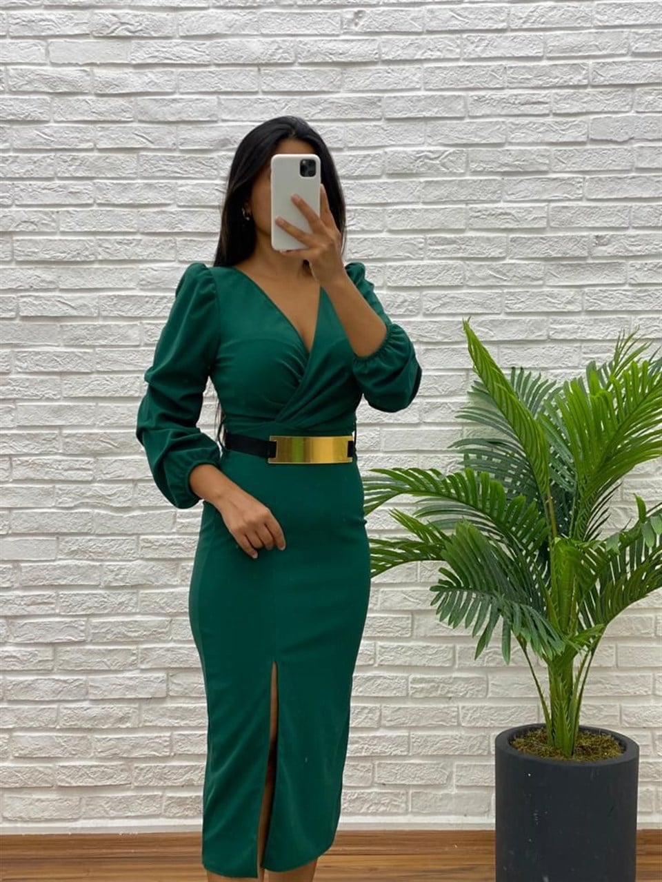 Koyu Yeşil Gold Kemerli Crep Elbise