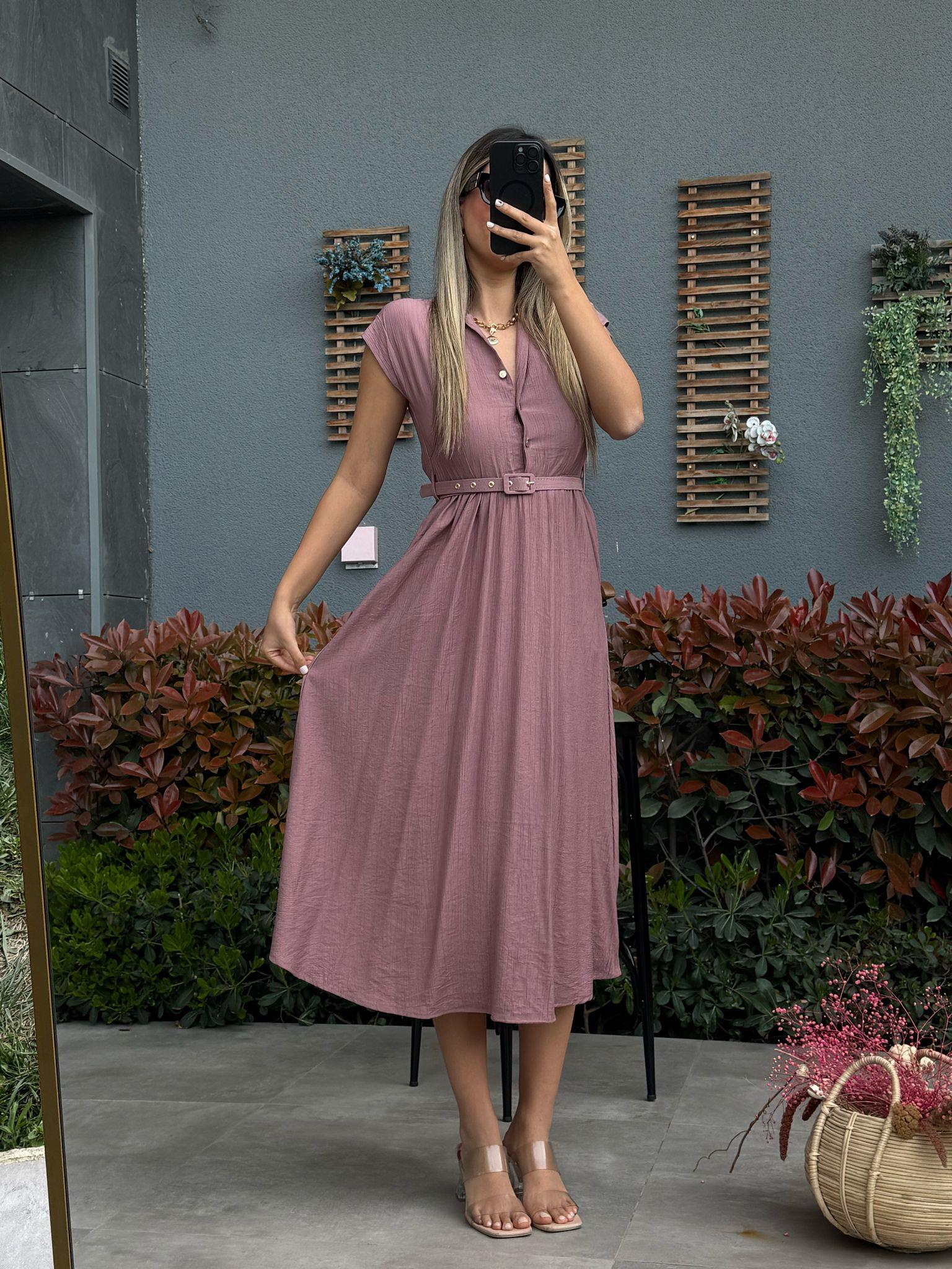 Krinkıl Kumaş Kemerli Gül Kurusu Midi Elbise07062154