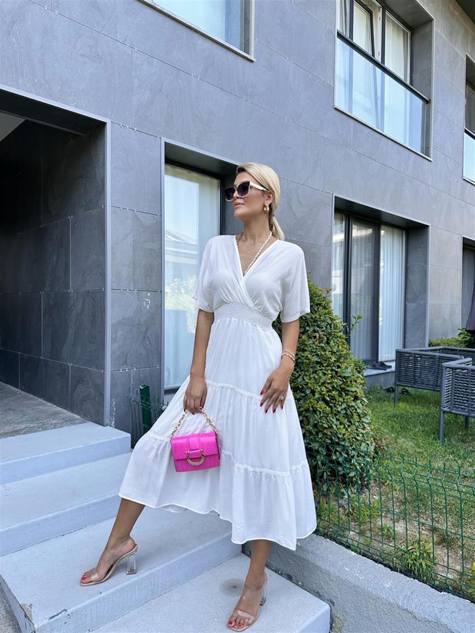 Krinkıl Kumaş Sırt Bağcıklı Kruvaze Elbise 1707339