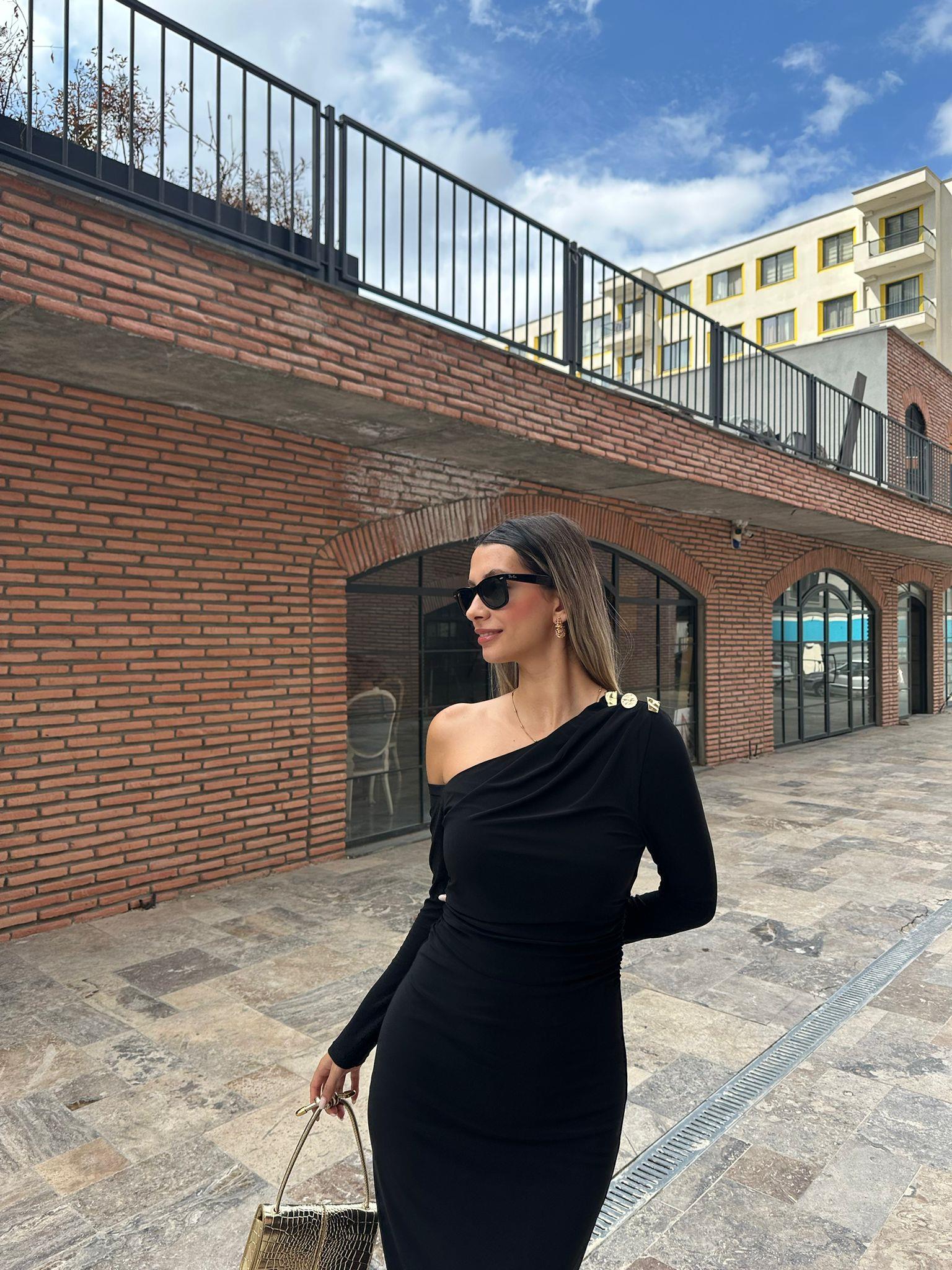 Laura Omuz Aksesuarlı Siyah Kalem Elbise kelb1005grs