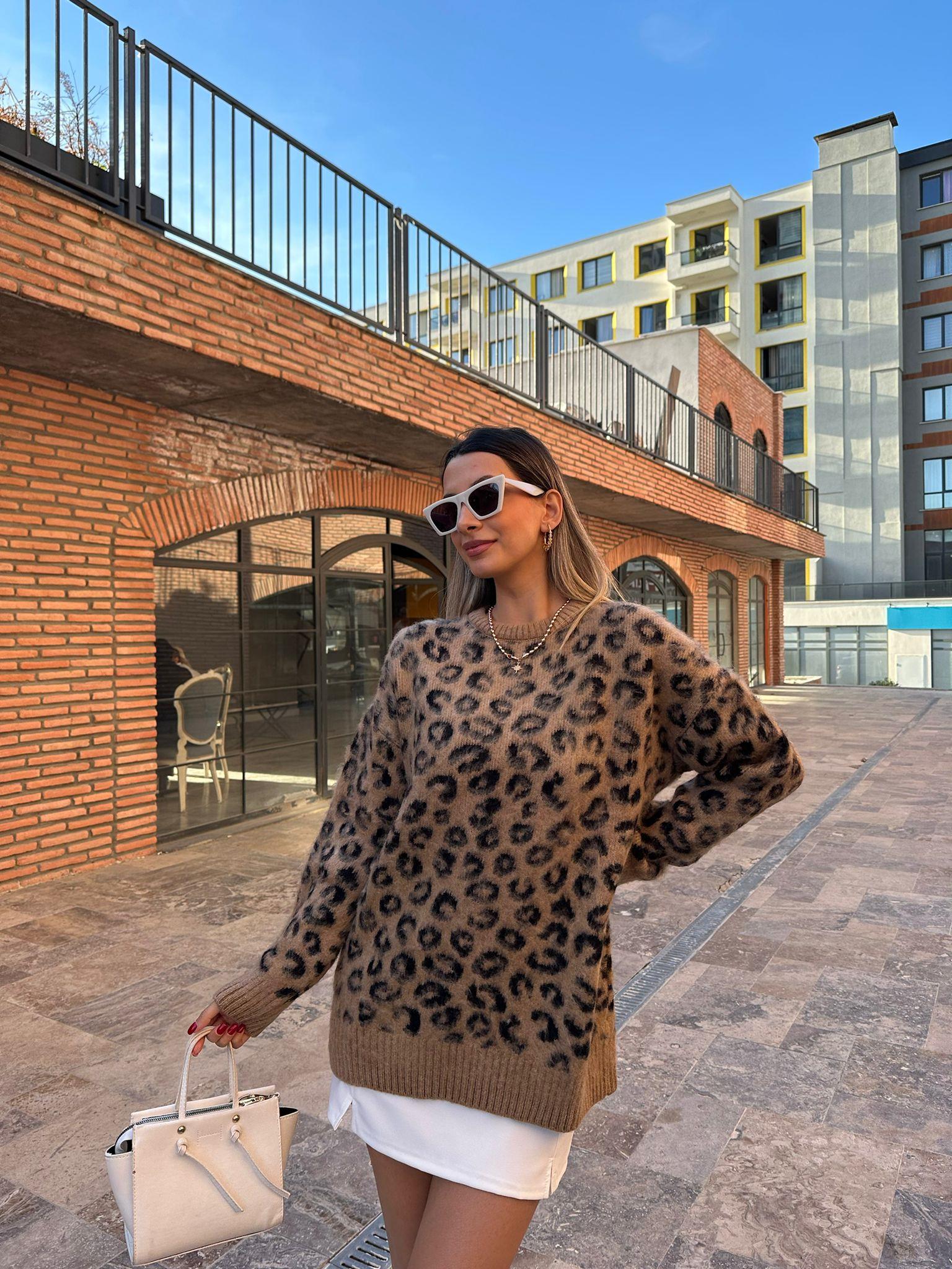Leo Minik Desenli Kazak Camel-Siyah kzk1072feu